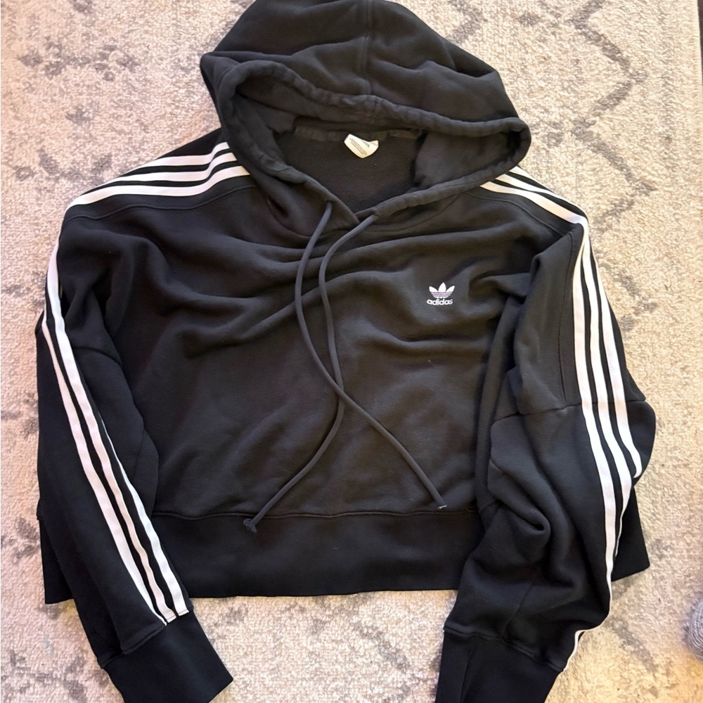 Adidas Originals Cropped Hoodie – Black 3 Stripe Trefoil Sweatshirt
